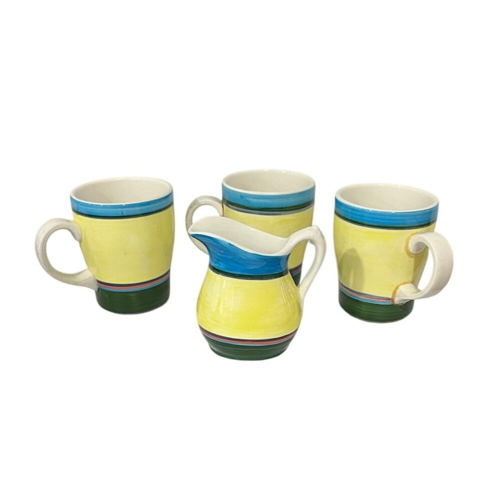 Dudson Artisan England 4pc Mug & Creamer Set Yellow Green Cafe Hotelware READ